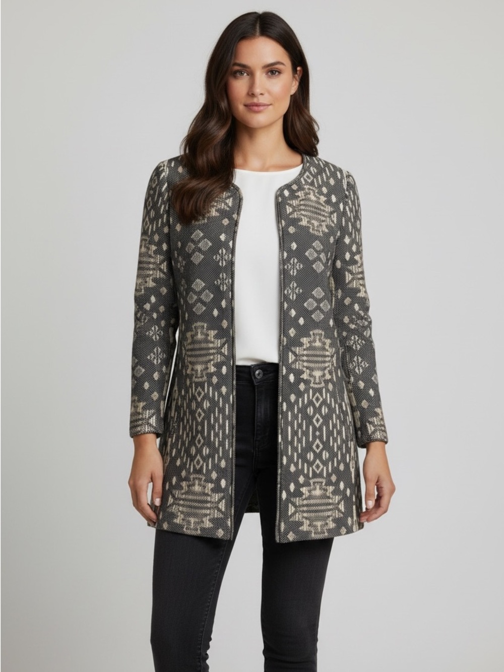 H&M Gray and Cream Jacquard/Tribal Print Open-Front Longline Cardigan 14